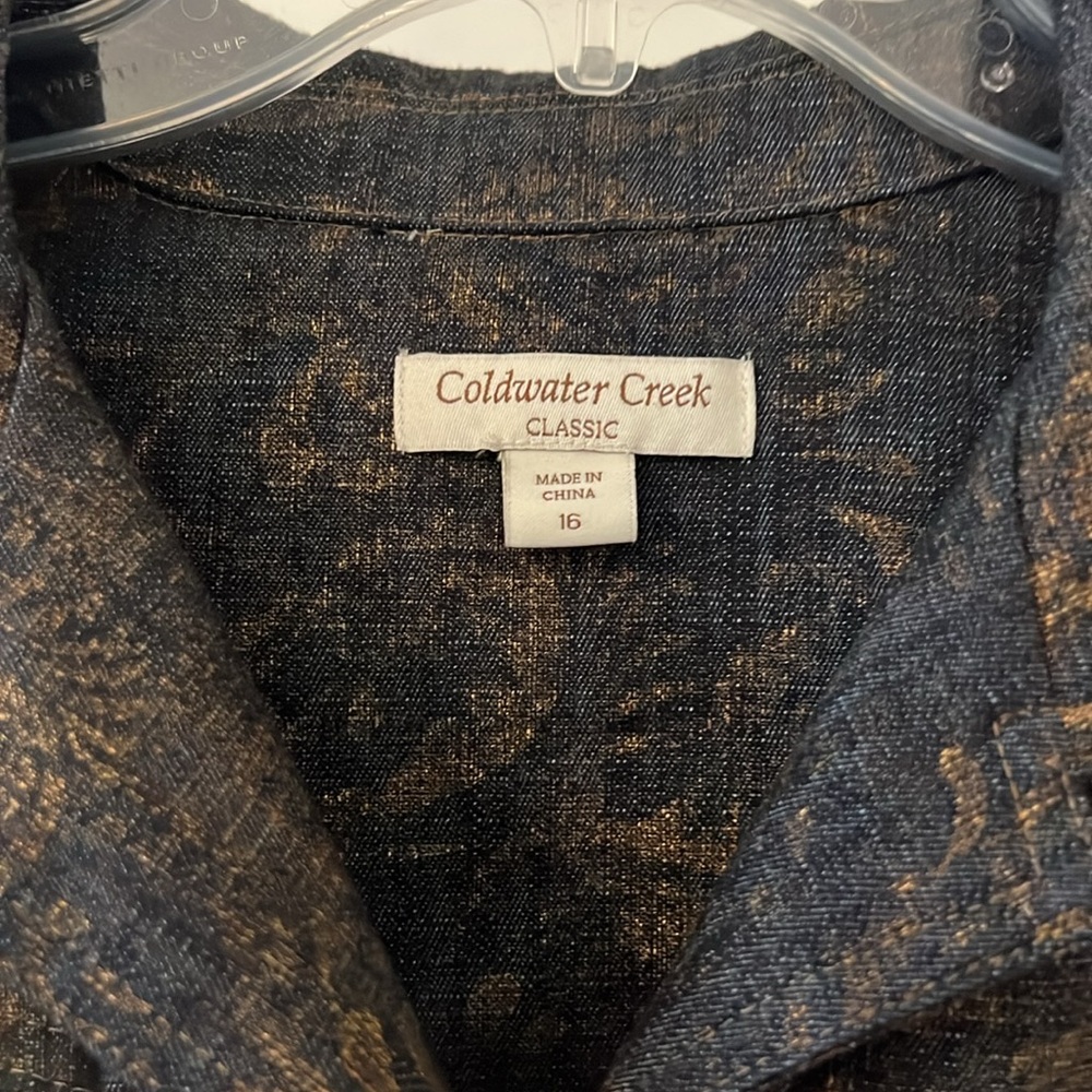 Coldwater Creek Jean denim jacket dark wash metallic print studded casual SZ 16 - Picture 2 of 16